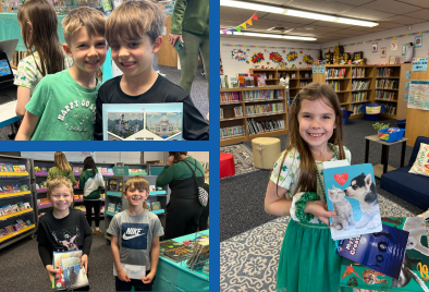  3 photos of first graders with big smiles holding up their new books.